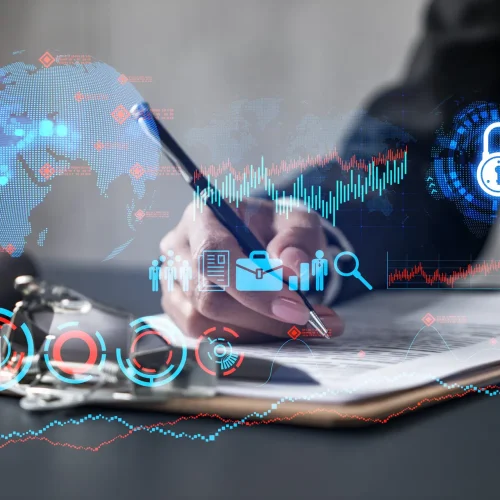 Businesswoman sign contract and business icon drawing. Concept of research and development. Multiexposure
